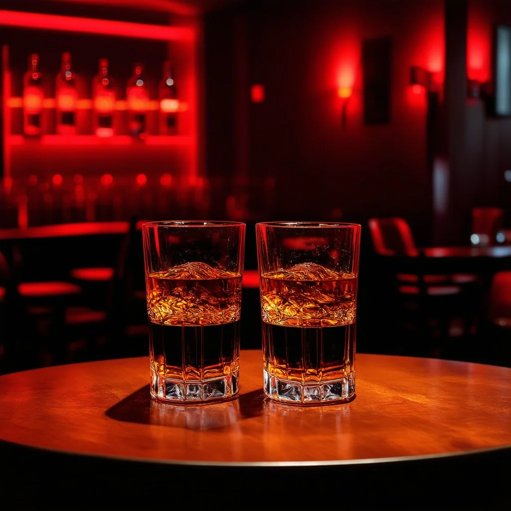 a table showing two whisky glasses in a very dark bar room, red neon hues, van gogh style