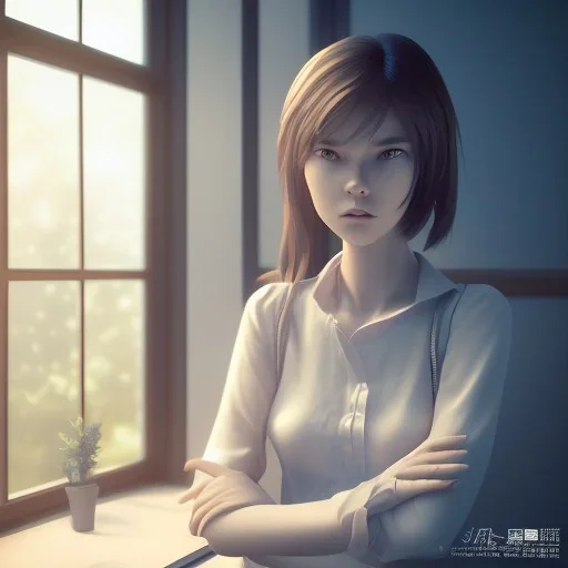 Anime, female student studying by the window,perfect face, cool face, ultra detail, unreal engine 5, cinema4d, sun light, studio lighting --ar 1:1 --v 4