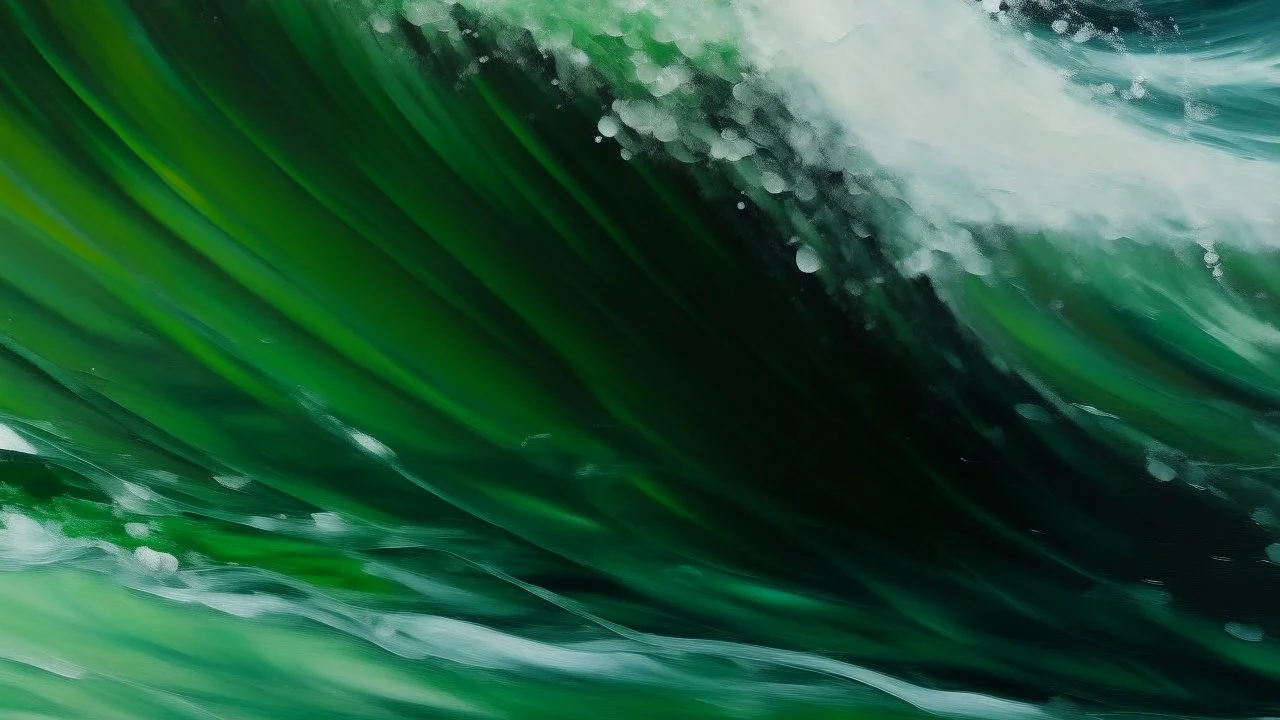 Close-up of a painting showing textured brushstrokes of a wave in shades of green and white with a hint of a dark curved structure in the foreground