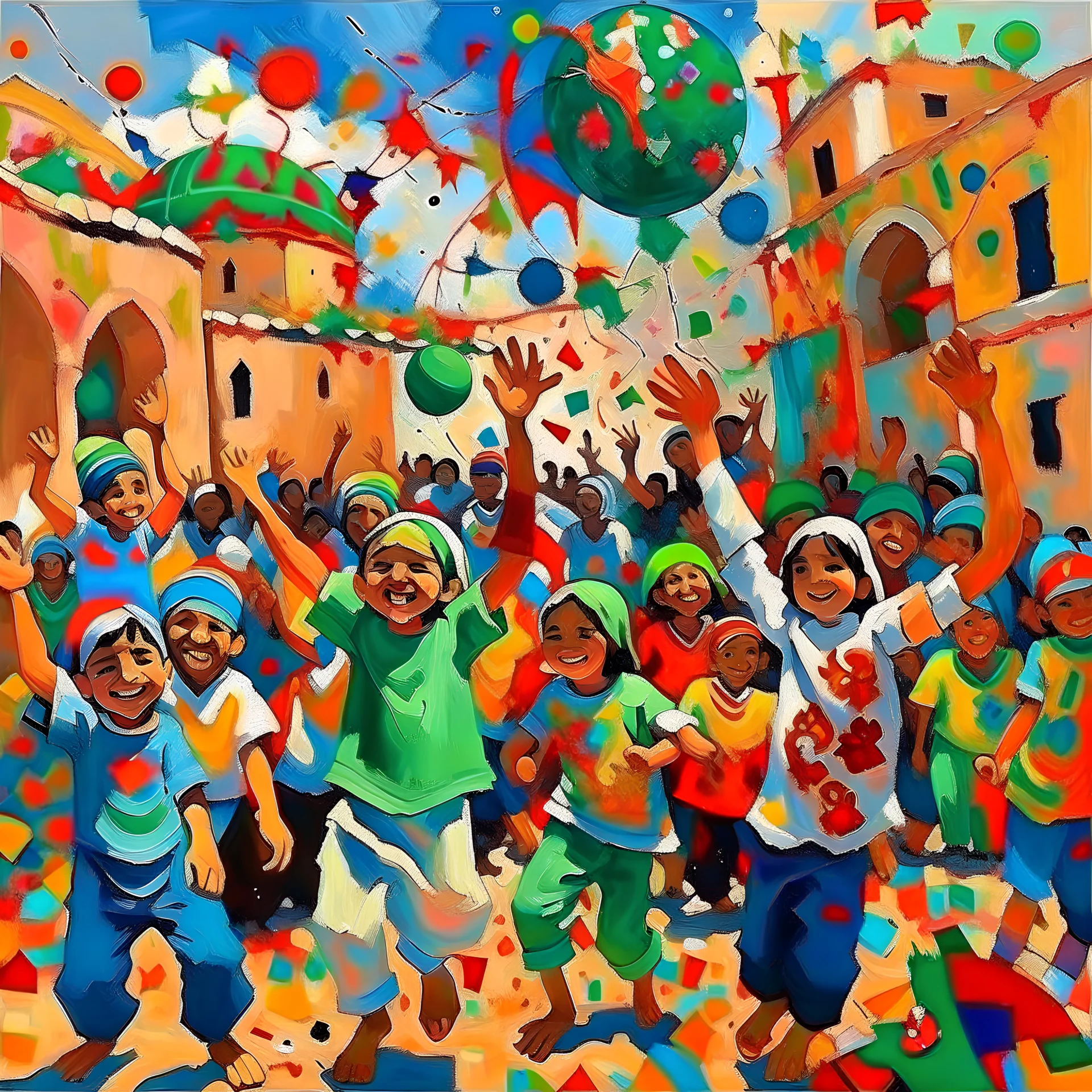 Abstract painting Libyan children celebrating end of ramadan