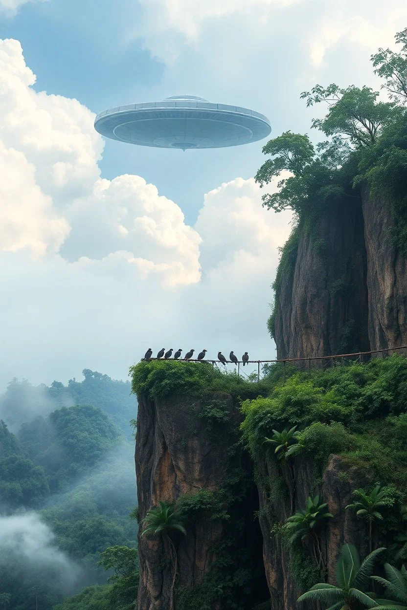 Amazon jungle high definition 8k a small bridge of robs connecting between two cliffs over the jungle, a giant ufo spaceship hovering in the cloudy sky