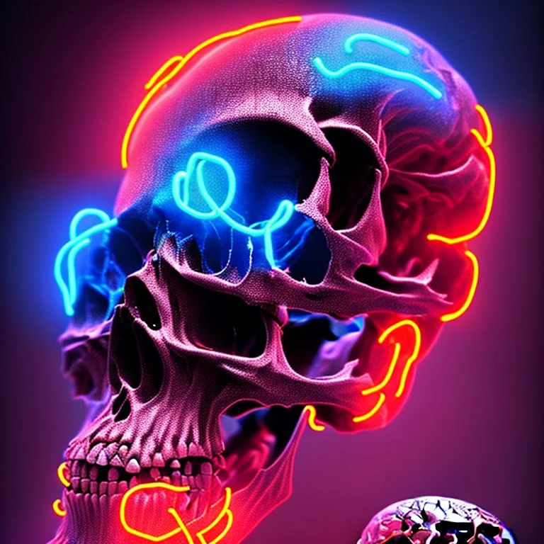 hundreds of non-anatomically correct, dark comic art, graphic novel,human skulls stacked into a wall unusual neon lighting, high velocity, 64k, dystopian, vray,