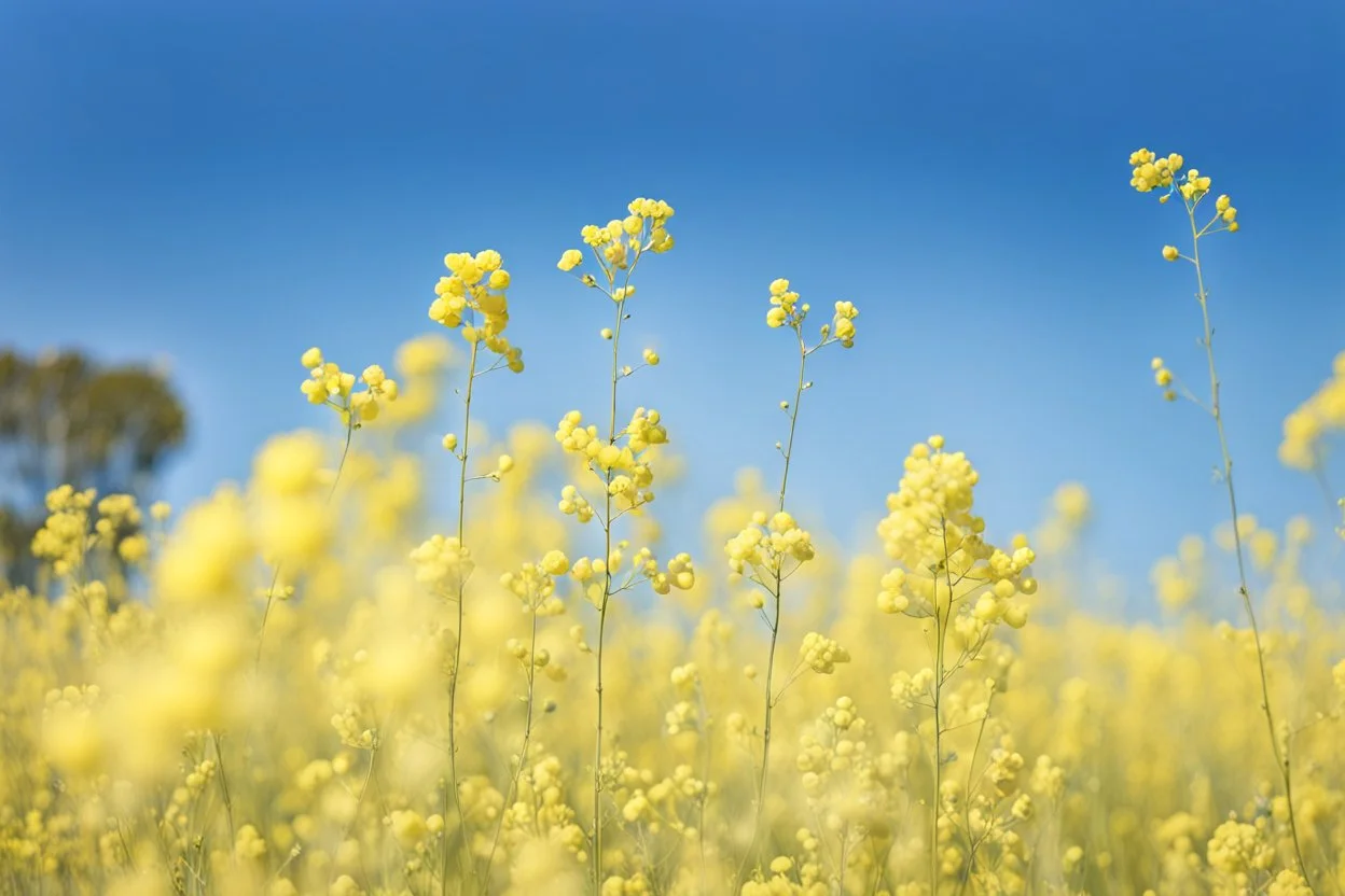 clear blue sky for top half, across Middle is canola flowers with canola stems branches and leaves below, rapeseed sharp focus, realistic