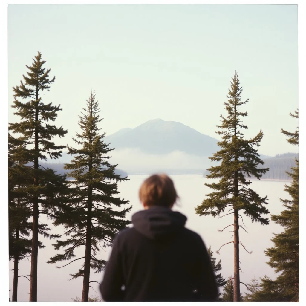 A polaroid photo of a group of fir trees in the background and a high hill in the distance. A lake. The surface below is in a pastel color. Person. Fog is present.