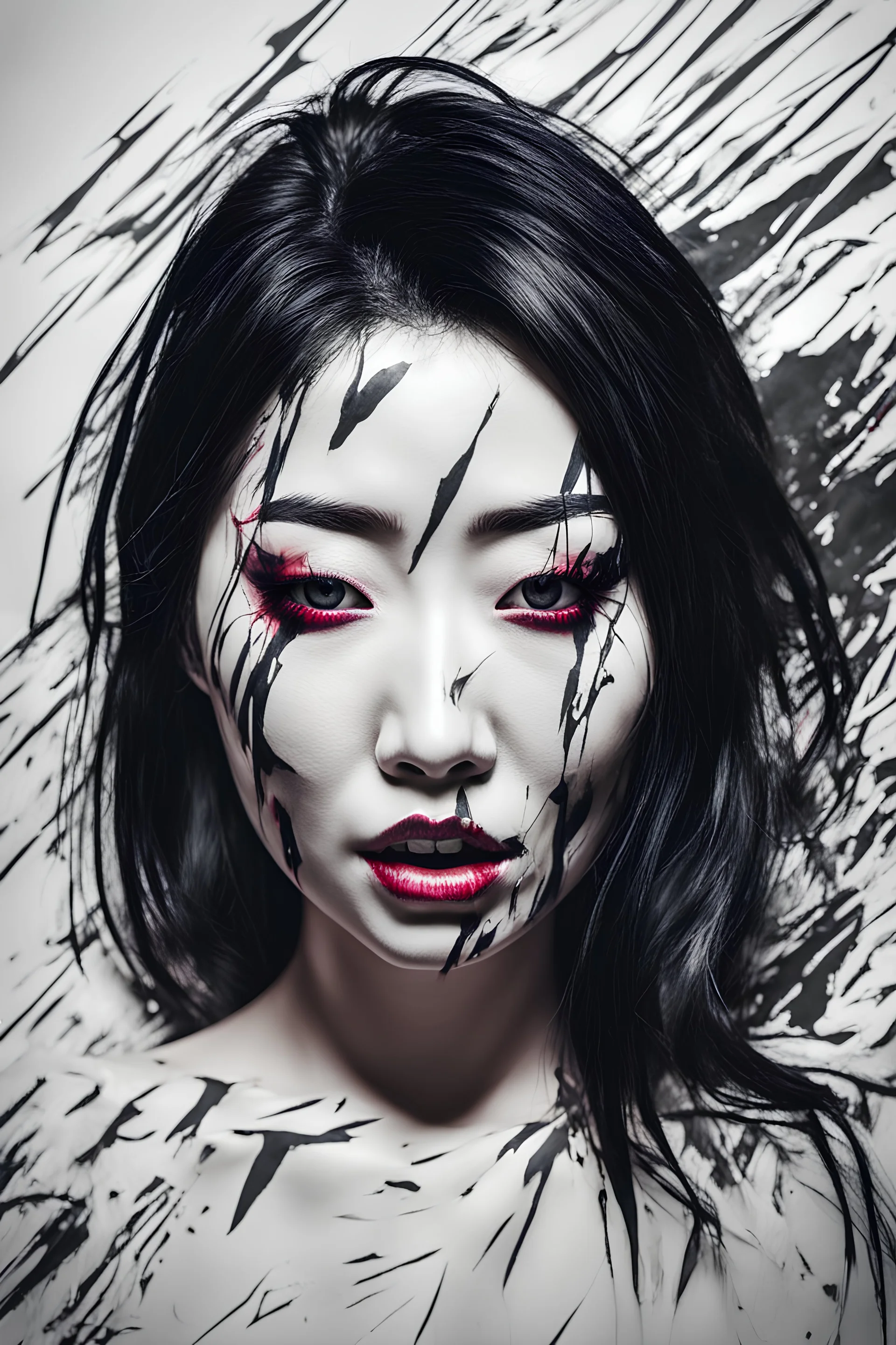 paper portrait of Goth Asian woman, lying pose, face distorted with pain, reverse colors, screaming, tears streaming from eyes, glitchcore, horror, ultra realist texture,