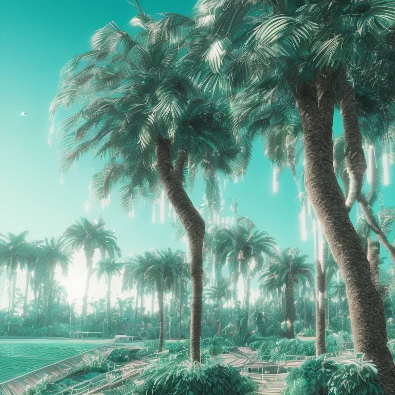 1980's aesthetic vaporwave curvy palm trees with spheres and ufo