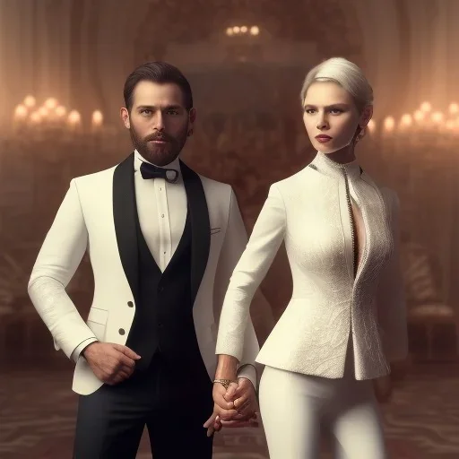 8K, a Highly detailed stunning portrait of Dom man, a white suit, beard, and short hair, with a kneeling submissive woman