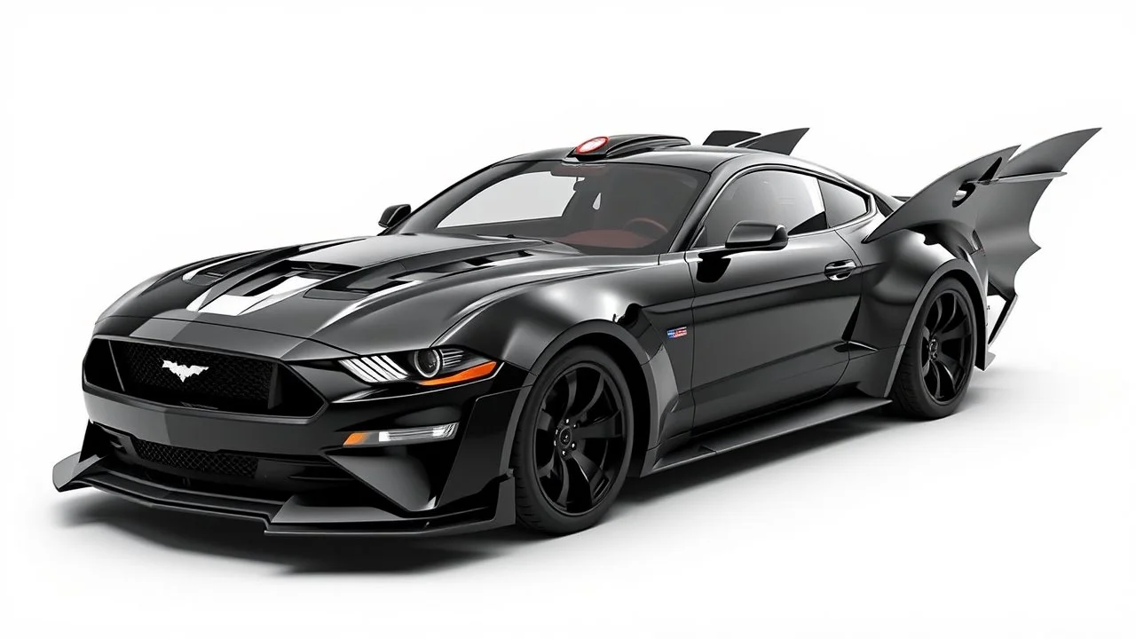 batmobile concept made from a black 2025 ford mustang dark horse with a large elaborate spoiler and batwing style fins