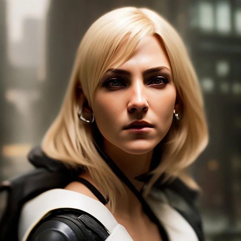 Photorealistic headshot of a beautiful fierce blonde assassin cyberpunk dynamic pose