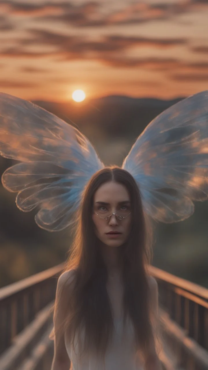 portrait up close with transparent angel wings like a butterfly on a bridge at sunset, a more intense "scream" mask from the horror movie holding her hands on her ears, that looks like the original painting by Edvard Munch, bokeh like, down-light, unreal engine, prize winning