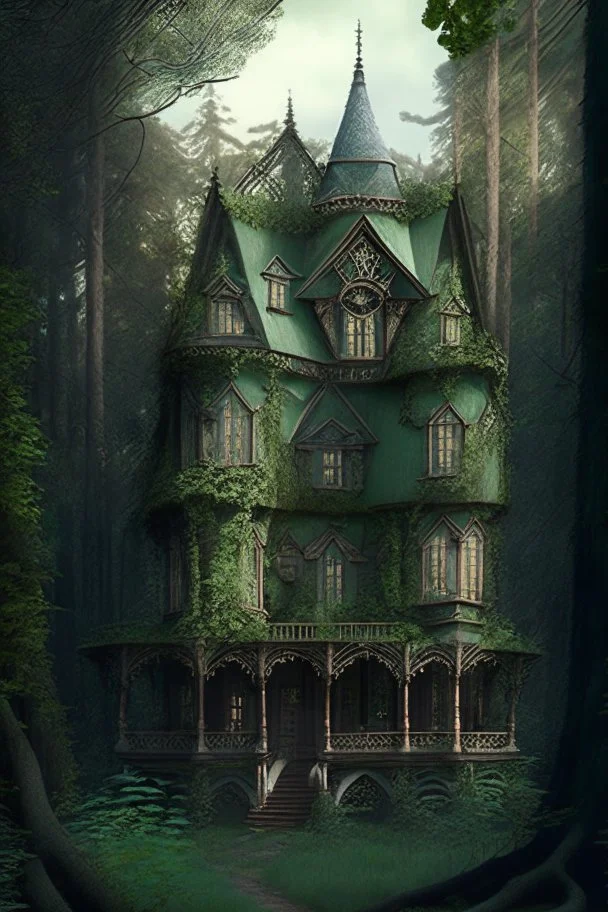 victorian fantasy house surrounded by forest