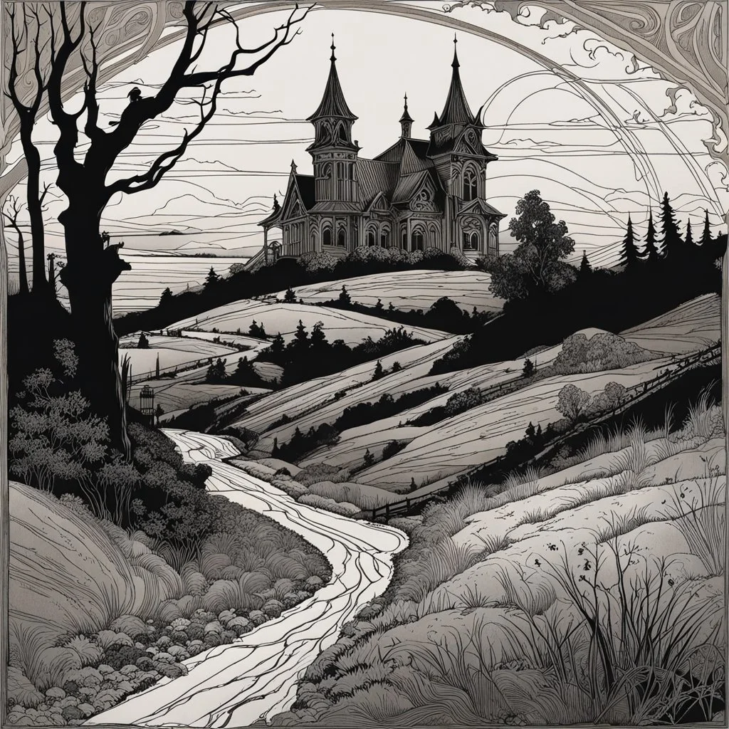 Kodak detailed spooky landscape, strong texture, extreme detail, distress, high contrast, rich colours, sharp focus, Alphonse Mucha, one-line drawing