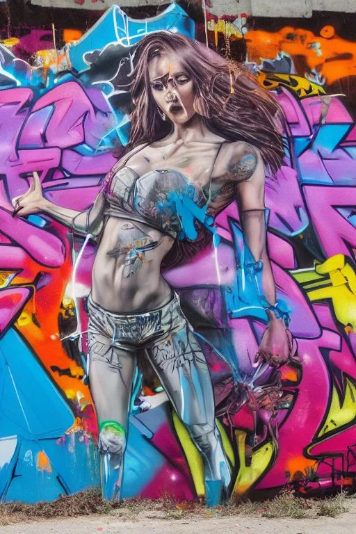 graffiti art on the back side of an abandoned building portraying a female super model posing confidently, 8k, highly detailed, centered, epic composition, graffiti art, splash art, street art, spray paint, oil gouache melting, acrylic, high contrast, colorful polychromatic, ultra detailed, ultra quality, CGSociety