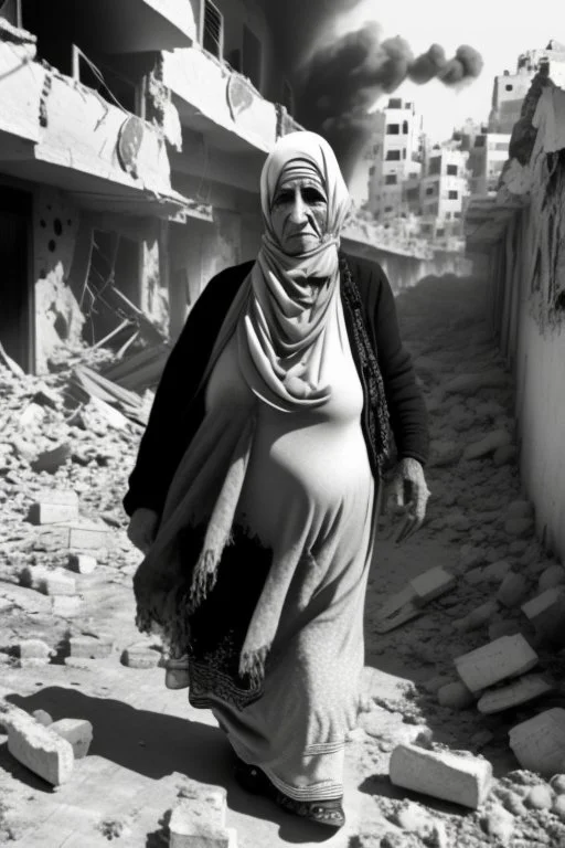 Palestinian old woman , Carrying a small girl ,at winter , Destroyed Buildings , with a Explosions, at night