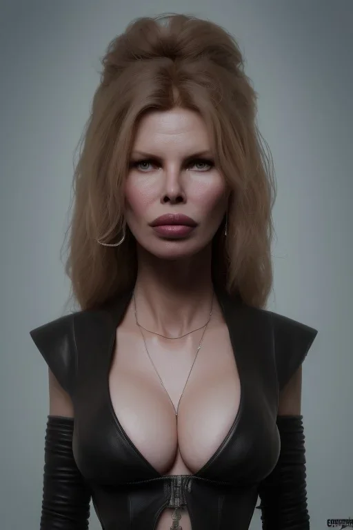 Kim Basinger in black leather, evil, busty, cleavage, curvy, angry, happy, stern look. character design by cory loftis, fenghua zhong, ryohei hase, ismail inceoglu and ruan jia. unreal engine 5, artistic lighting, highly detailed, photorealistic, fantasy