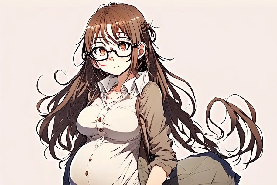 full body of a brown haired anime manga pregnant girl with eyeglasses