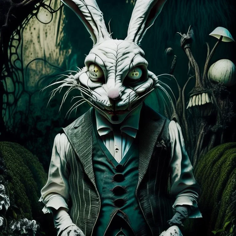 portrait of strange, creepy alien looking white rabbit with evil frown on face from Alice in Wonderland wearing a waistcoat, in garden, Tim Burton, Dr Suess, Terry Gilliam, Salvador Dali, dark moody,dystopia, sinister, evil, bizarre, nightmare