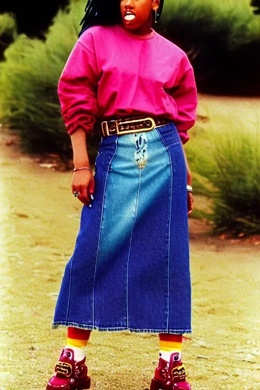 year 1996 denim fashion. Loose skirt, low waist. Colors: denim blue, blue, purple, cream, khaki, light green, lilac, plum, orange, terracotta, red, light yellow, lion yellow, pink, dark blue, beige. Gwen Stephani, Missy Elliot, Shirley Manson.