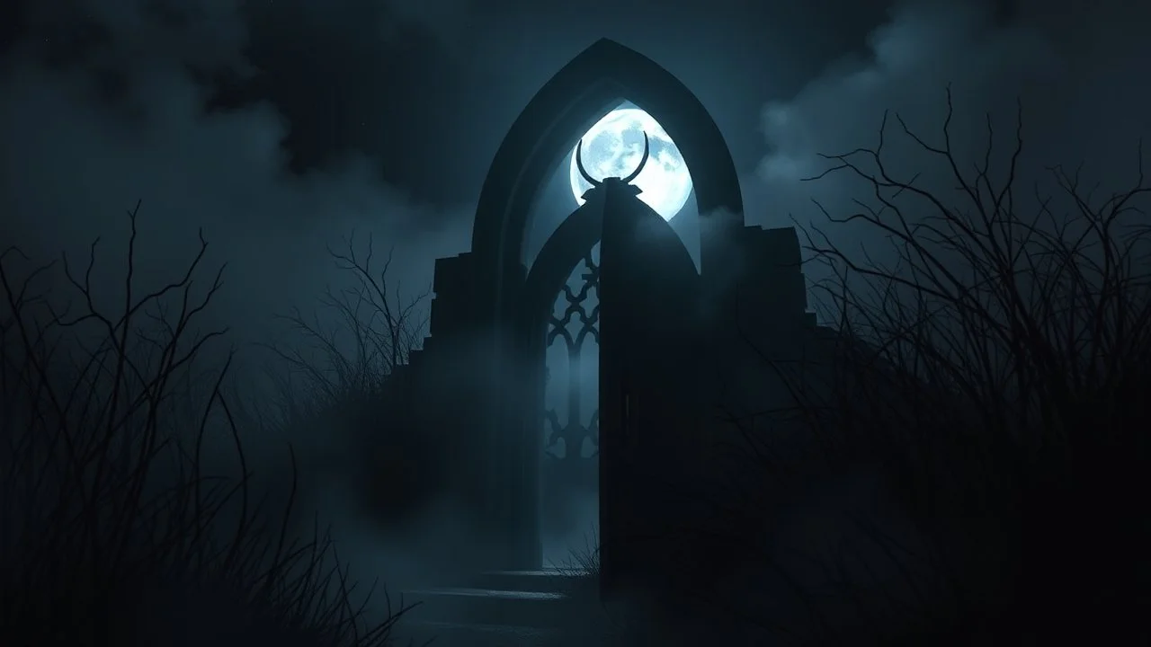 Moonlight Scene: "The Gothic door, set amidst a dark, misty landscape, bathed in the soft silver light of a full moon, with the surrounding vegetation transformed into skeletal silhouettes."