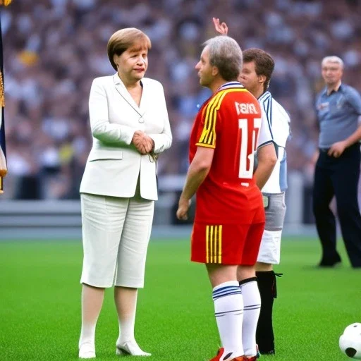 Angela Merkel in a referee jersey officiating for a soccer match at Wembley Stadium