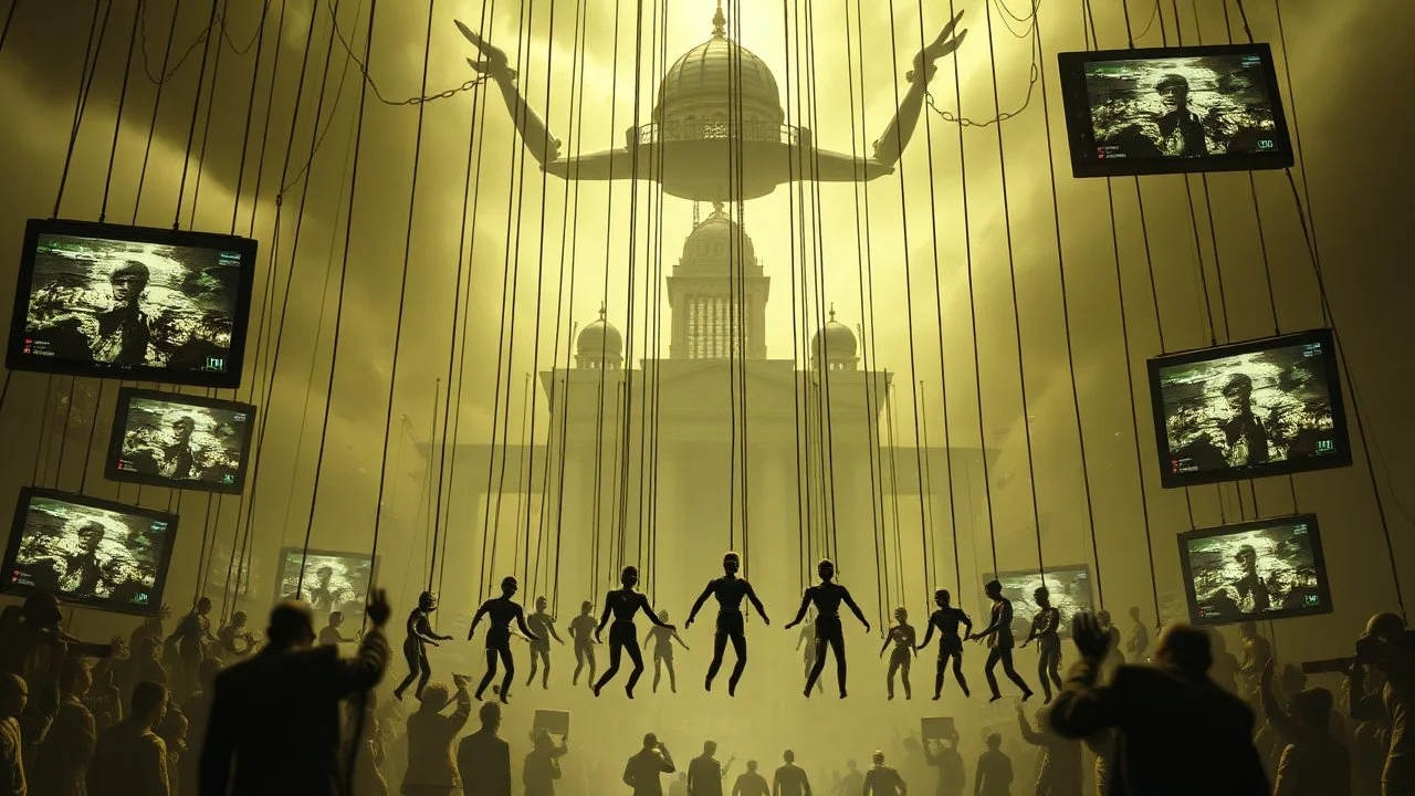 a corrupt government looms above, pulling the strings of hundreds of marionettes dangling below it, the news media broadcasts the marionettes' suffering on screens everywhere, dystopian, horror