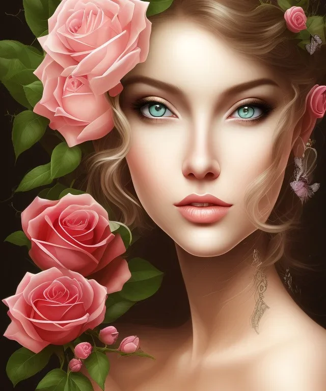 portrait borders head Princess with great bobs long hairs black eyes no top with roses