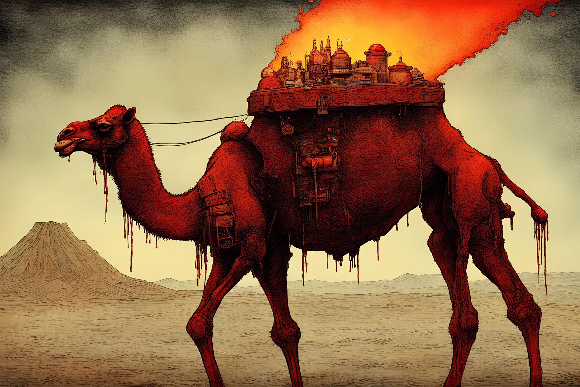 gloomy image of surreal steampunk cyberpunk a scary Giant Camel robot with volcano explosion on camel back,a red mixed yellow liquid Maxma fire-foams air-bubbles spilling and melting down from it ,solar system background,in the style of tim burton, john kenn mortensen and leonora carrington, bizzarre, wacky, mixed media, surrealism painting, a journey into my imagination, detailed, elegant, intricate, 4 k, scary painting