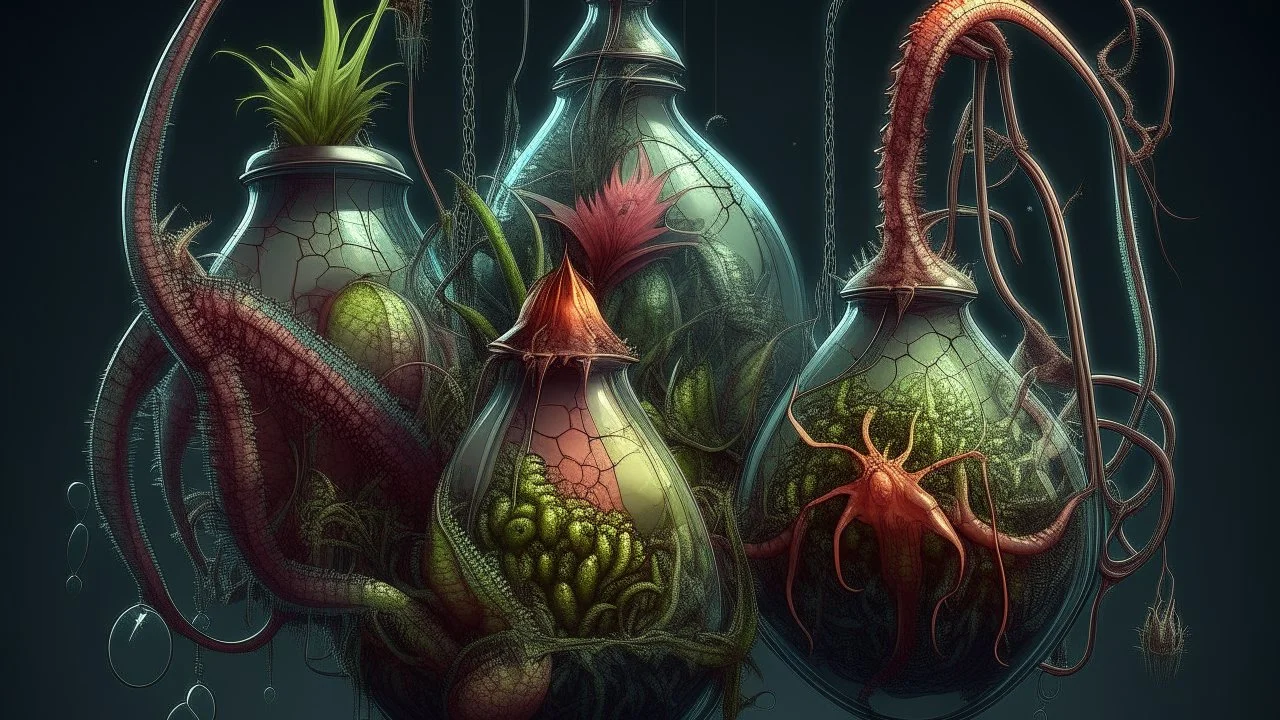 Hanging monstrous nepenthes with semi-transparent digestive jars showing digestion processes, viscous liquid glowing with toxic bioluminescence, snaking tendrils seeking new victims, deadly alluring iridescent colors, small bleached bones decorating its base, macabre naturalistic style