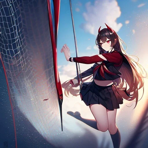 Clear focus,High resolution, Black long hair, Red eyes, Red horns, Wearing a black and red sailor uniform, Swinging a baseball bat, Looking away from the viewer, Full body