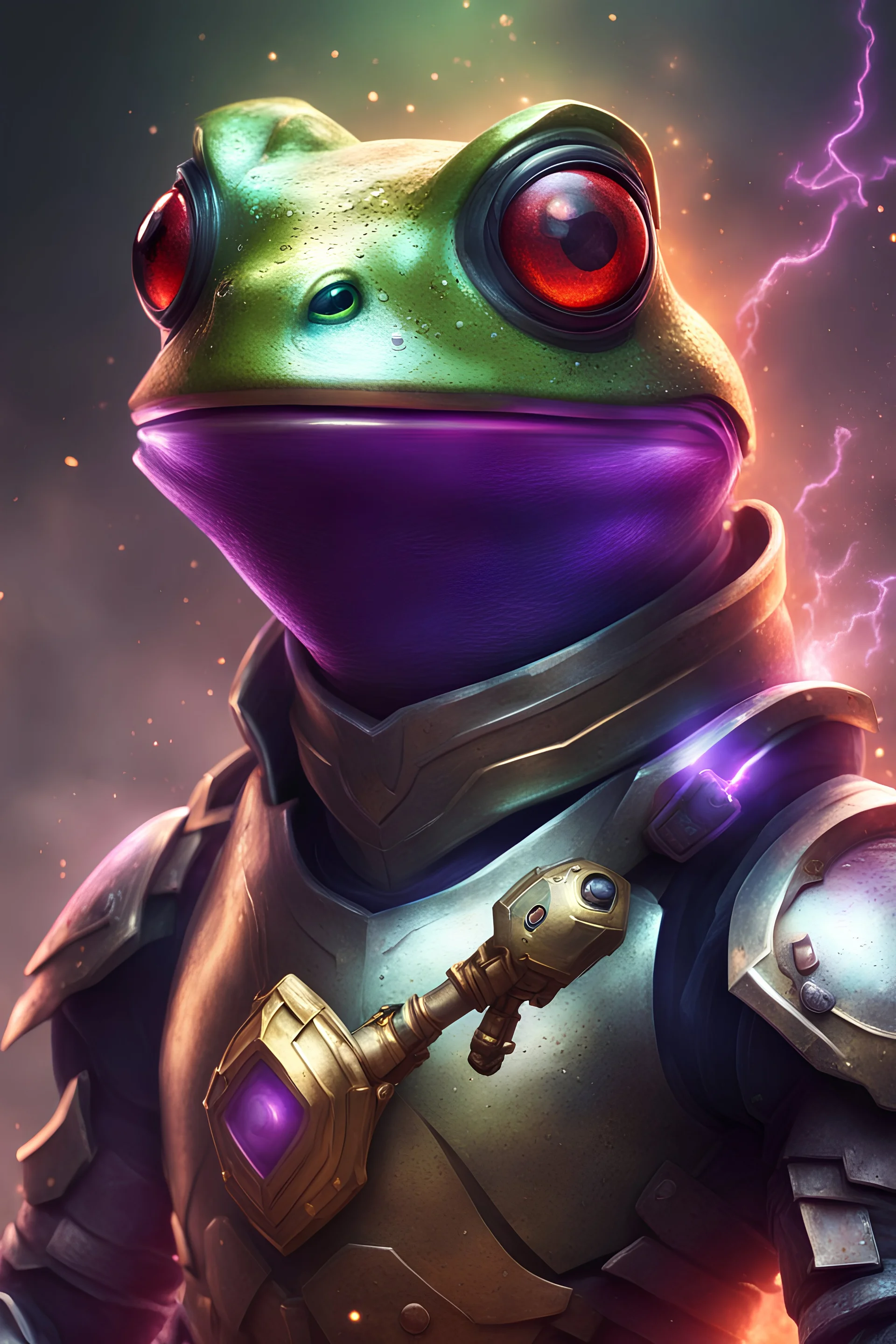 Frog Green Soldier Portrait Glow big red eye Gold Armor warrior fire Robotic lightning Silver Purple Smoke Dust 16k detailed epic future water sword