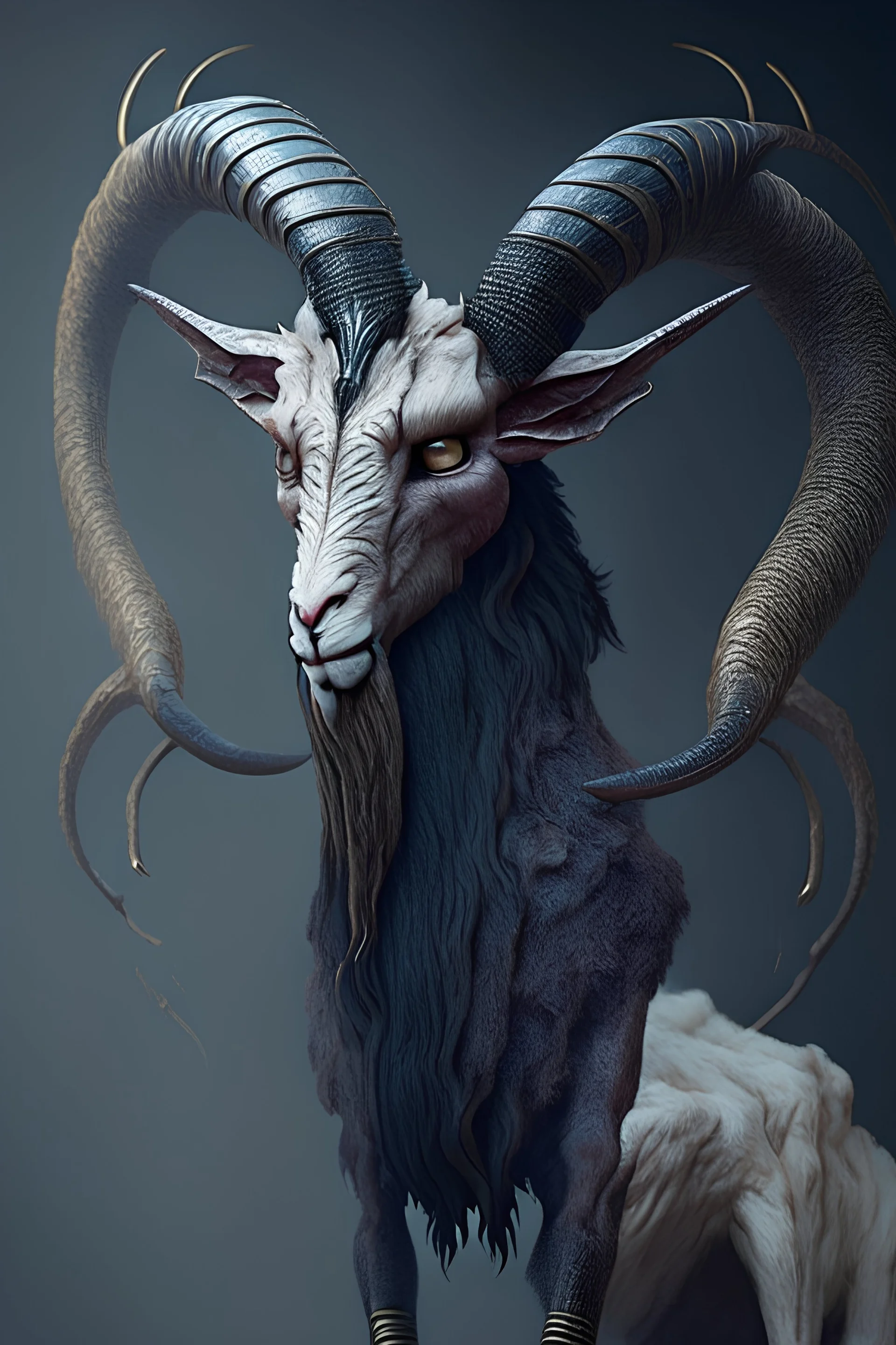 head and legs of a goat, although with ram-like horns, a bloated body, bat-like wings, and a long tail lion snake alien, 8k, finely detailed, photo realistic, hr gigerart trending on Artstation