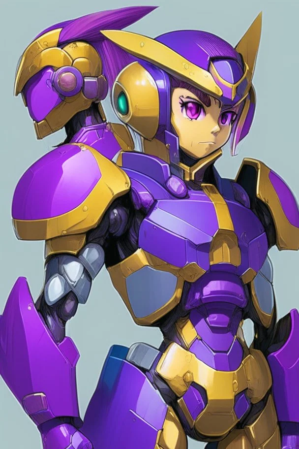 A Genderless Cyborg made of metal, has a human like face with a long violet ponytail, the cybord is wearing armor similar to Megaman. The color palatte of the armour is deep purple and yellow.