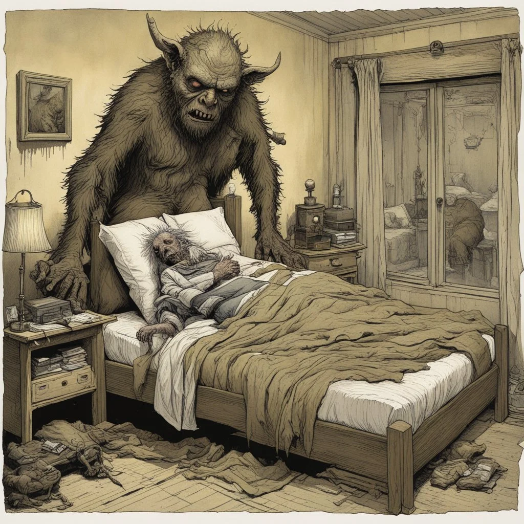 By john Kenn, Bosch-like bugbear monster hovering closely over old frail man in bed alone, sparse messy bedroom, sinister fantasy illustration, primary muted colors, creepy, detailed ink illustration, deep brown, olive, and mustard colors, by Jeremy Mann, by Virgil findlay.