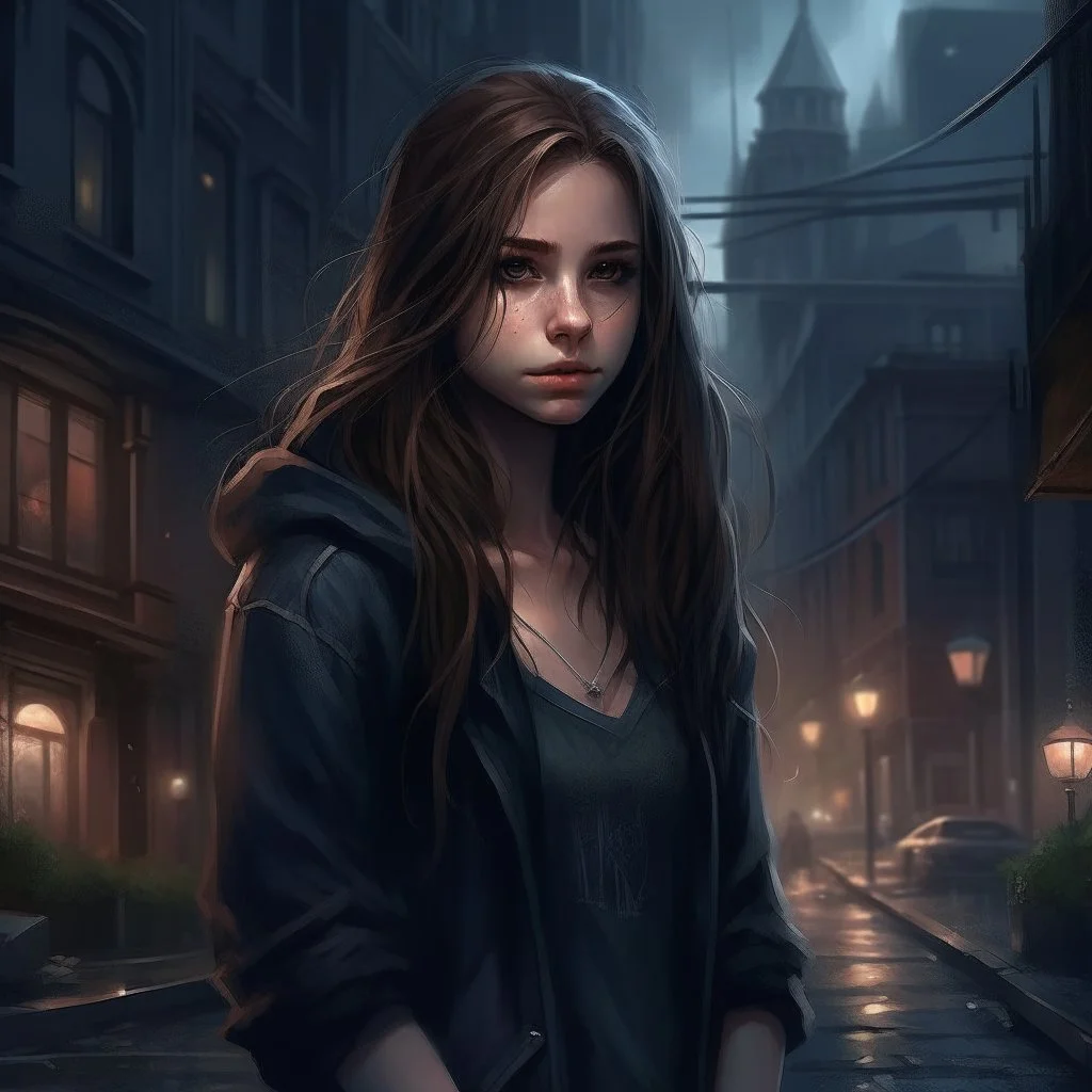 pretty girl, conventionally attractive, dark clothes, realism, dreamy, tight top, age 13, sorcerer, city