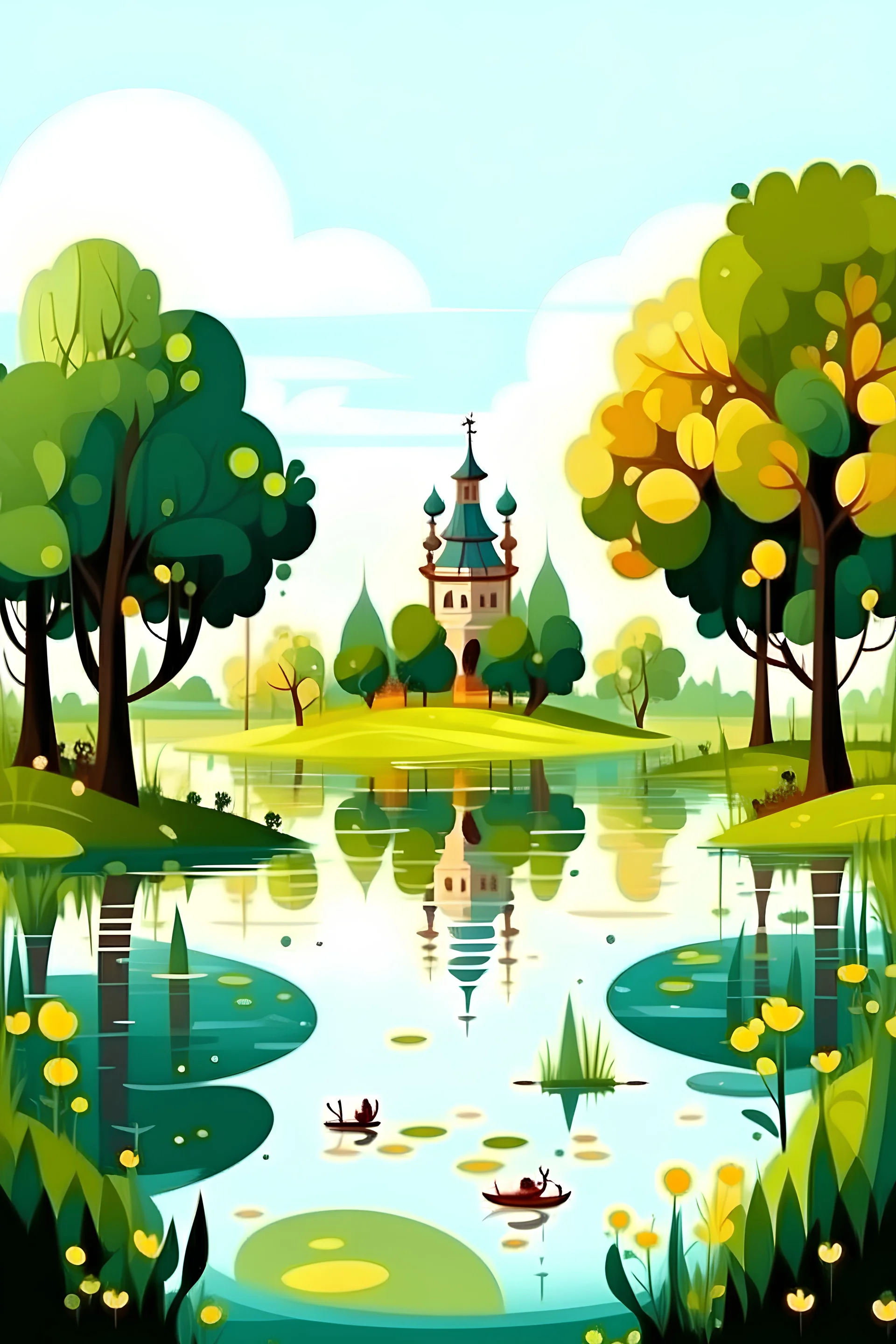 lake, tree, park, cartoon, illustration, disney style