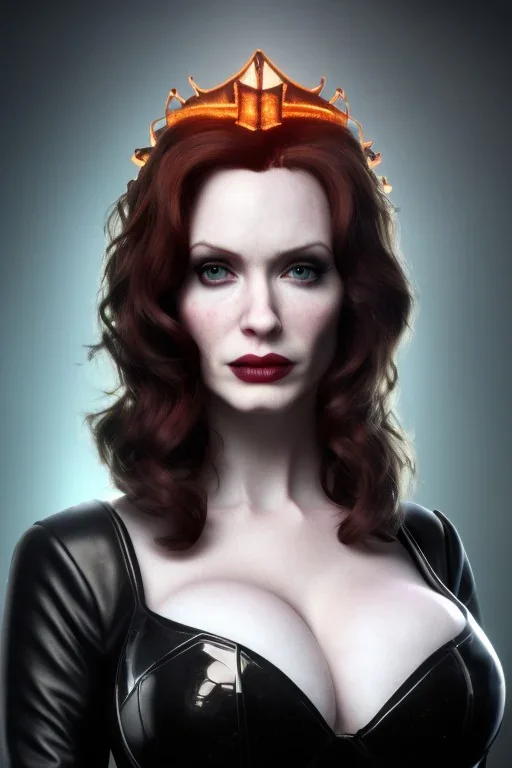 Christina Hendricks as evil queen in black leather gown, feminie, angry, stern look on her face, volouptous, busty, cleavage, emperious, mature, style of frank miller sin city, unreal 5, octane render,cinema4d, dynamic lighting, dramatic lighting, 4k, redshift render, highly detailed, hyper realistic, in space