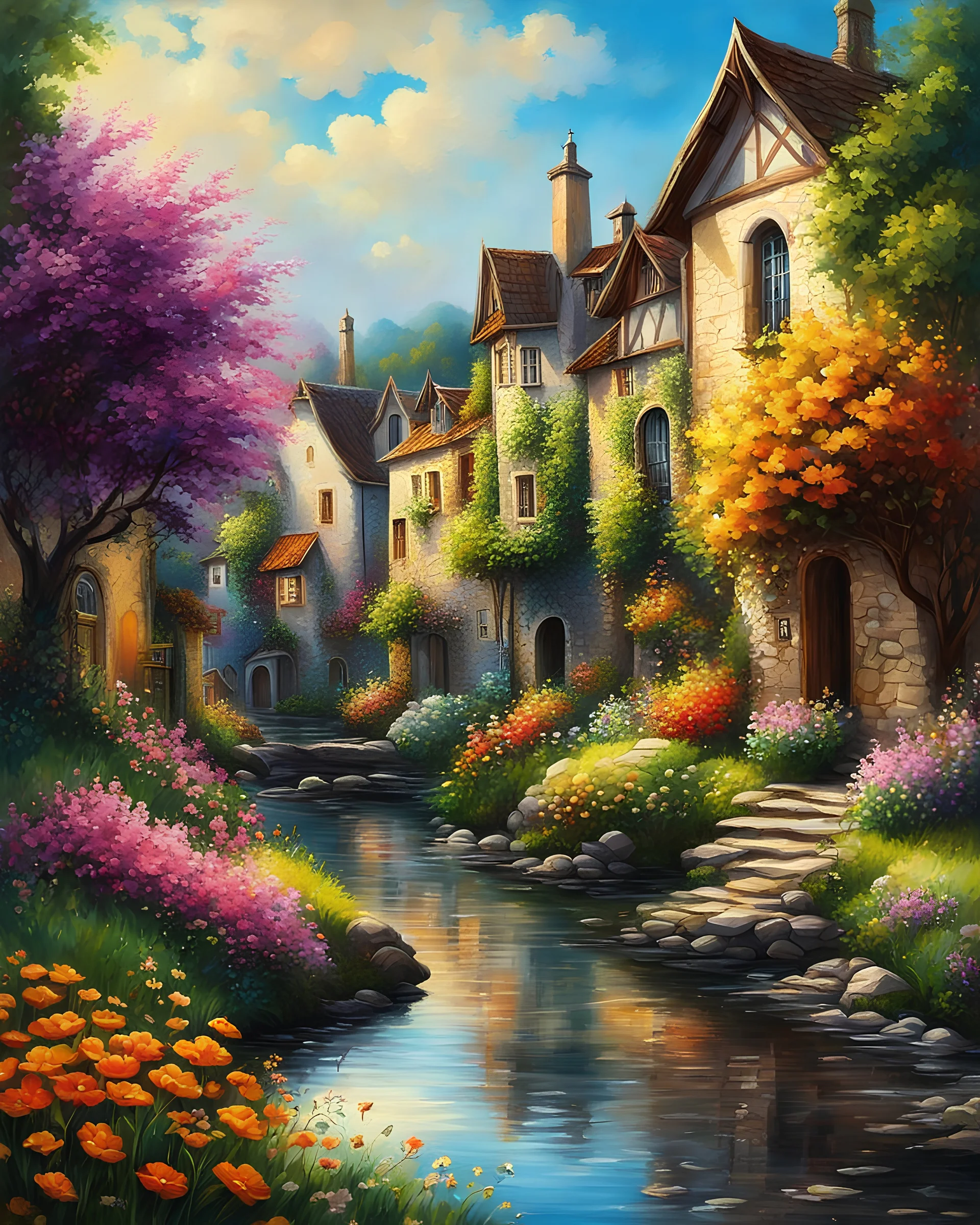 Highly detailed beautiful painting landscape, vintage style, vibrant colors flowers, film composition, digital painting, elegant, beautiful, high detail, small stream, Small European town, Small European village. symmetry central to composition, intricate details, volumetric lighting casting soft glows and sharp contrasts, rich deep colors, sharp focus capturing the scene's essence, ultra detailed akin to the styles of digital art, clearly, photorealistic, hyperrealism, fantastic, masterpiece. C