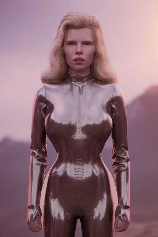 Ultra Realistic retro sci-fi scene, waist up view portrait, blonde woman, sweet young Kim Basinger face, perfect iris, glow eyes, makeup. Saturn background, Retro sci-fi style, helmet, tight latex coat, fog, rain, soft color, highly detailed, unreal engine 5, ray tracing, RTX, lumen lighting, ultra detail, volumetric lighting, 3d, finely drawn, high definition, high resolution.