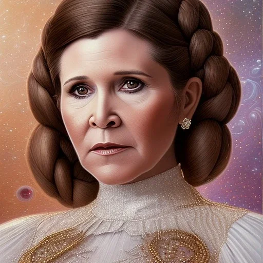 hyperspace background, complete and photo realistic detailed head to waist stunning photo realistic portrait of carrie fisher as Princess Leia in star wars with photo realistic updo hairstyle by Mandy Jurgens and mucha and Richard Schmid and chuck close and chie yoshii, extraordinary and detailed ceremony dress of star wars,brown eyes