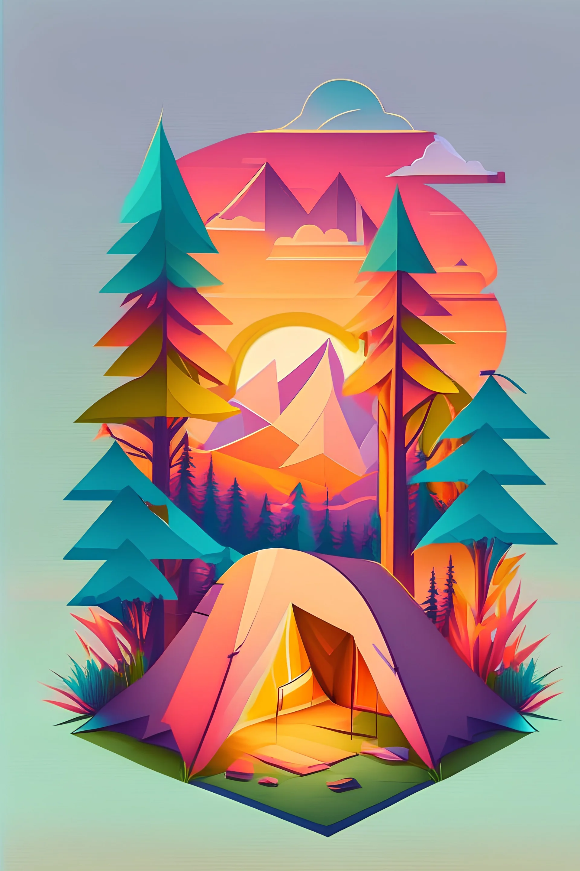 artwork of t-shirt graphic design, flat design of a lone tent in the lush forest, colorful shades, highly detailed clean, vector image, photorealistic masterpiece, professional photograph, simple sunrise backdrop for monster, flat white background, isometric, vibrant vector