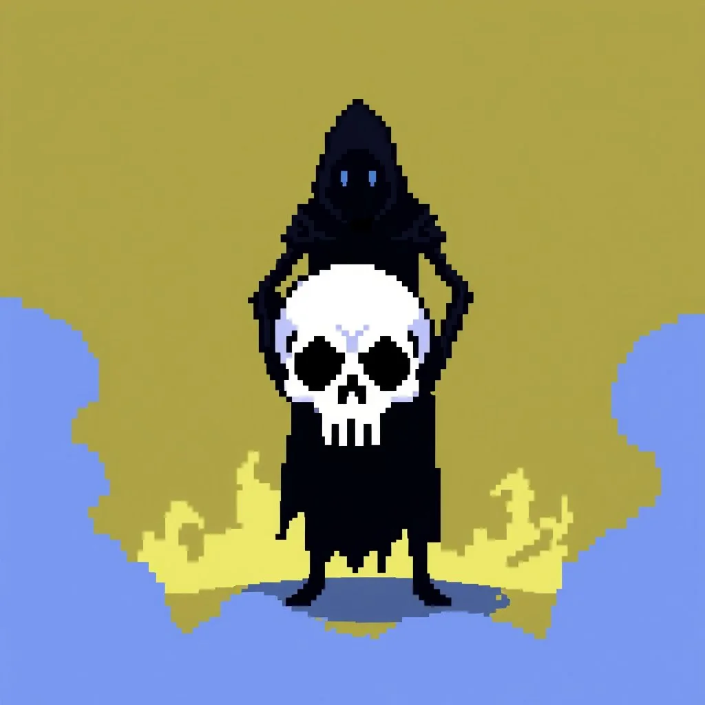 16 bit pixelart of a shadow figure with a white skull