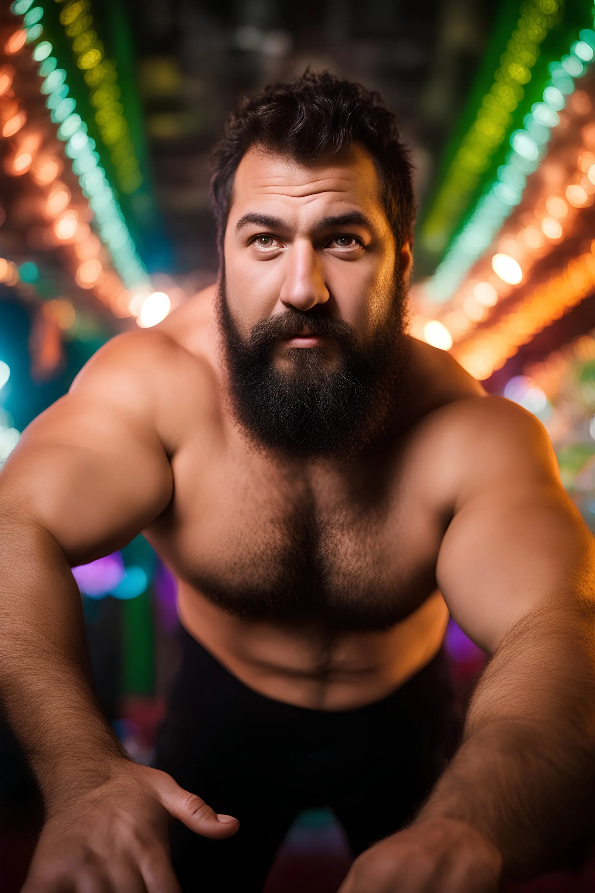 half figure photography of a chubby muscular strong 39-year-old hairy turkish in a discoteque, ajar mouth, shirtless, short beard, bulge, dancing, serious, manly chest, very hairy, side light, view from the ground