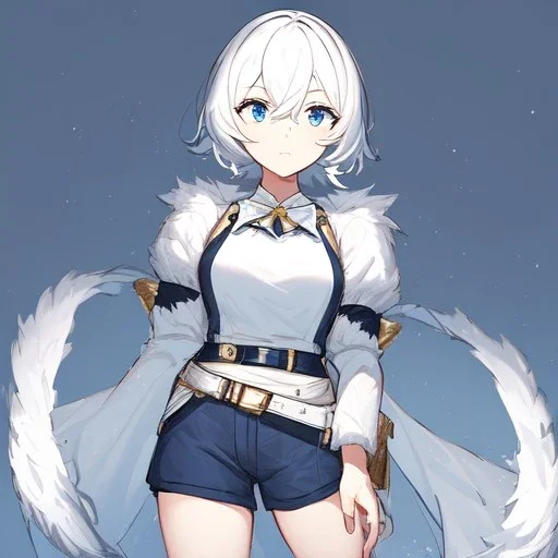 Clear focus, High resolution, rough line sketch art, short fluffy white hair, hair between eyes, fluffy hair, blue eyes, wearing a sleeveless shirt, wearing shorts, detailed outfit, lots of details, bow on belt, white belt, white and blue everywhere on outfit, cut sleeve, yellow chains around outfit