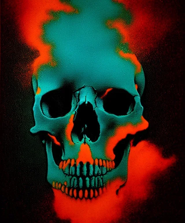 broken realistic skull. black background. smoke and explode. particles in air. teal and orange. abstract. beksinski.