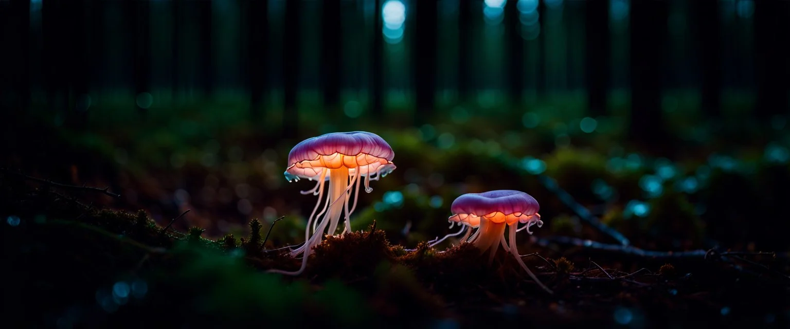 bio luminous JellyFish Fungus, fungal, light floating in a forest, Tree line, Alberta, scientist, Dystopian, Hyper detailed, Realistic, Extreme depth of field, bokeh blur, Alberta all-natural, in the style of candid, imperfection, natural lighting, cinematic, Fuji Film, Anamorphic lens, 2040s, --ar 4:5 --w 150 --style raw