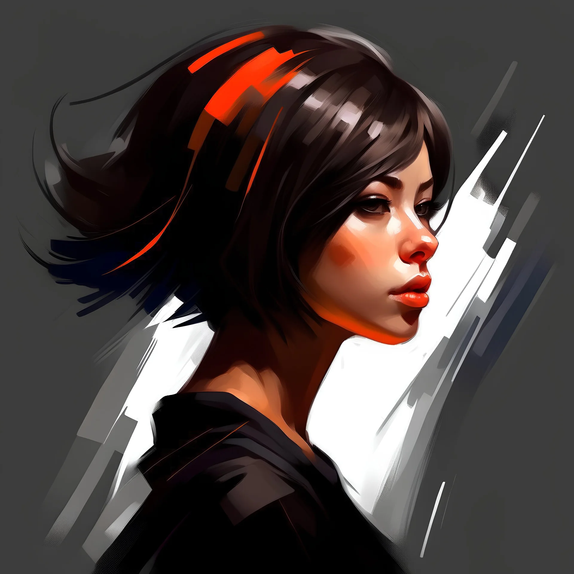 digital art, minimal, beautiful, artistic, girl, medium bob hair, futuristic clothes, unreal engine, brush strokes on hair, whole figure, medium size brush artistic lines on hair, brown hair,