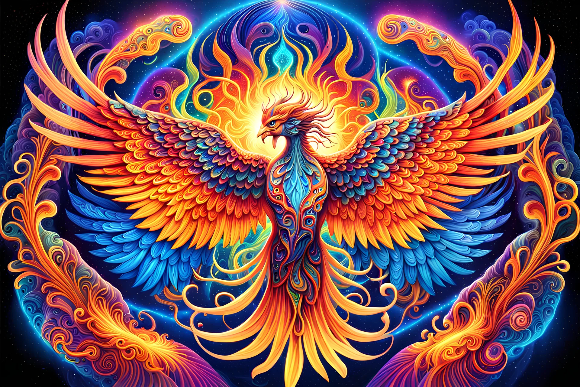 STICKER Vector Hivenly Phoenix ,Angel Psychedelic Surreal DMT Dimension with vibrant and kaleidoscopic visuals, otherworldly landscapes, intricate geometric patterns, ethereal beings, cosmic energy, glowing fractals, immersive depth of field, cinematic lighting, masterful digital painting by Alex Grey and Android Jones, 8k resolution,