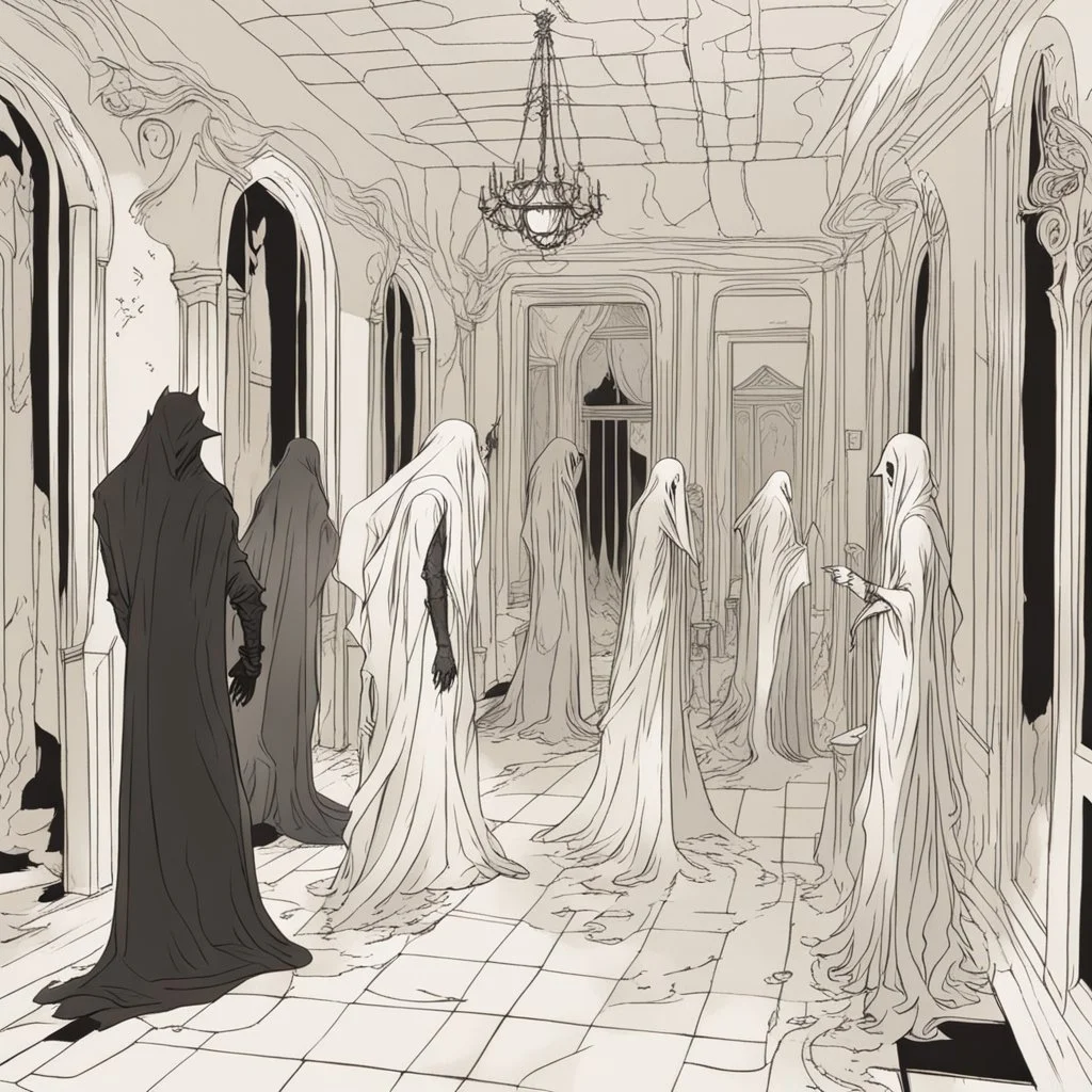 ghostly wraiths and smoky phantoms in a hall with broken mirrors