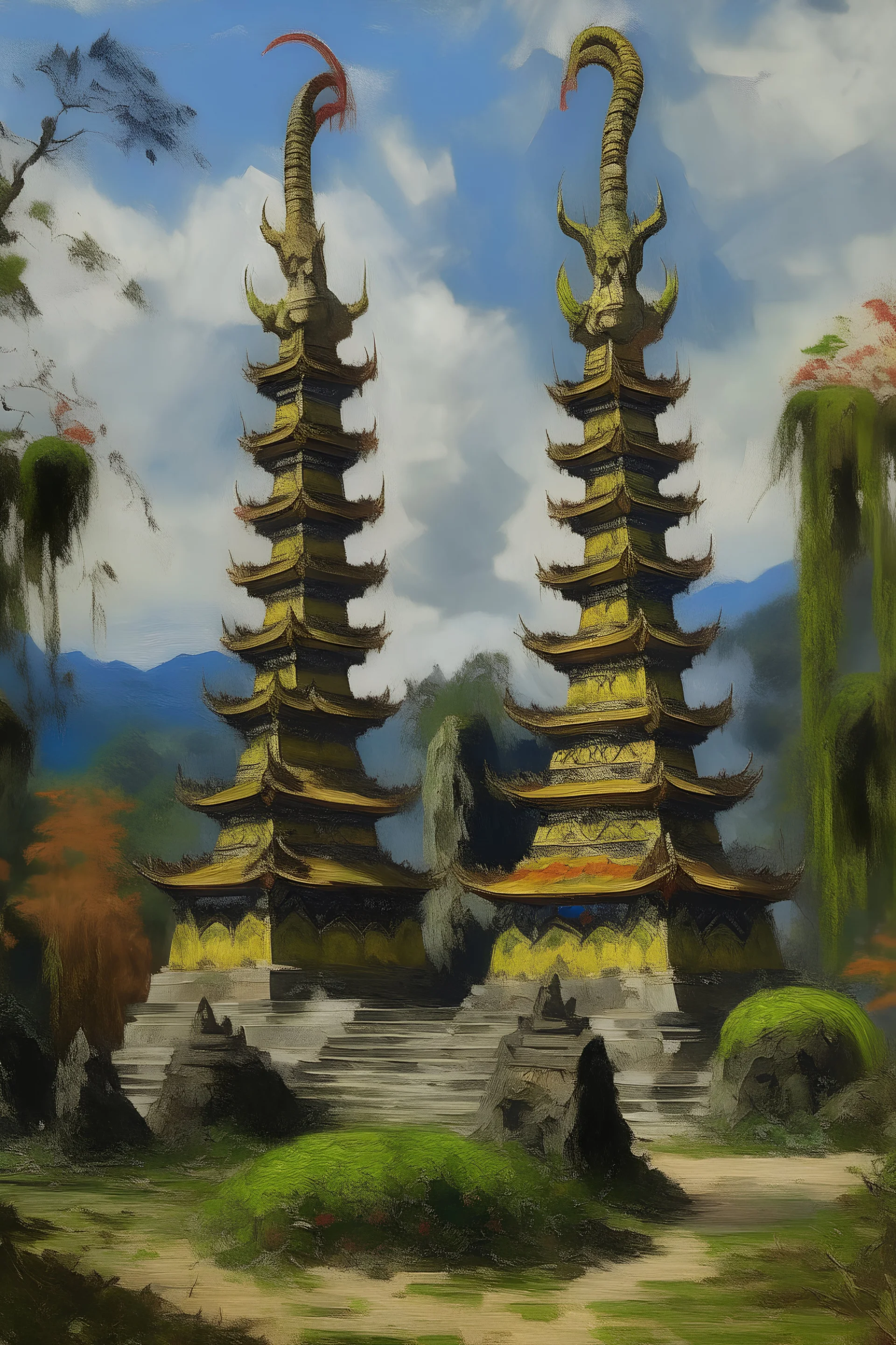 Pagodas with hornless dragon head statues on them painted by Claude Monet