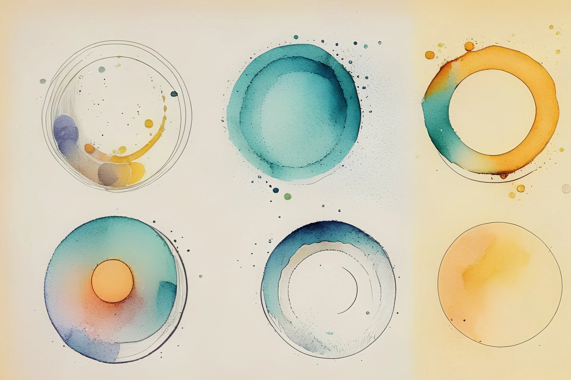 Five Abstract watercolour circles with sketchy pencil outlines